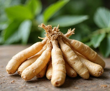 Akar Ginseng segar dan kering yang ditumpuk rapi, dengan latar belakang dedaunan hijau yang lembut.