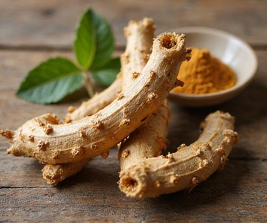 Akar Ashwagandha kering dengan beberapa daun, diletakkan di atas meja kayu dengan mangkuk kecil berisi bubuk Ashwagandha di sampingnya.