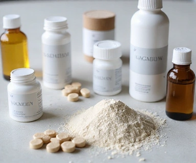 Berbagai bentuk suplemen Magnesium, termasuk pil, bubuk, dan minyak, ditampilkan secara artistik di atas permukaan yang bersih.