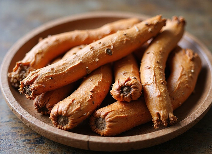 Akar Panax Ginseng kering berwarna coklat kemerahan, diatur dengan rapi di atas nampan kayu, menunjukkan bentuk yang beragam dan tekstur yang detail.