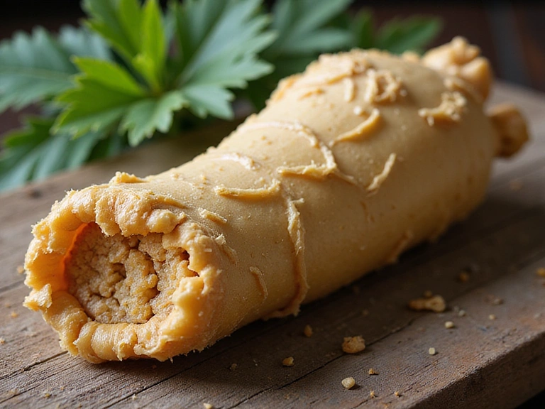 Akar Ginseng Panax yang kuat dan berwarna coklat keemasan, menunjukkan tekstur berserat alami, dengan beberapa daun hijau kecil di latar belakang yang kabur.