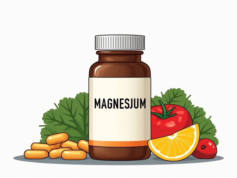 Ilustrasi botol suplemen magnesium di samping makanan sehat, menunjukkan keseimbangan antara suplemen dan diet.