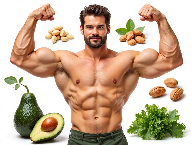 Ilustrasi pria sehat dengan otot kuat, menunjukkan energi dan vitalitas, dikelilingi oleh makanan kaya magnesium seperti alpukat, kacang-kacangan, dan sayuran hijau.