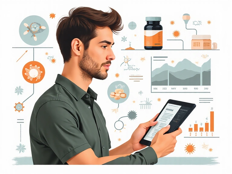 Ilustrasi pria membaca informasi suplemen di tablet dengan latar belakang grafis data ilmiah.