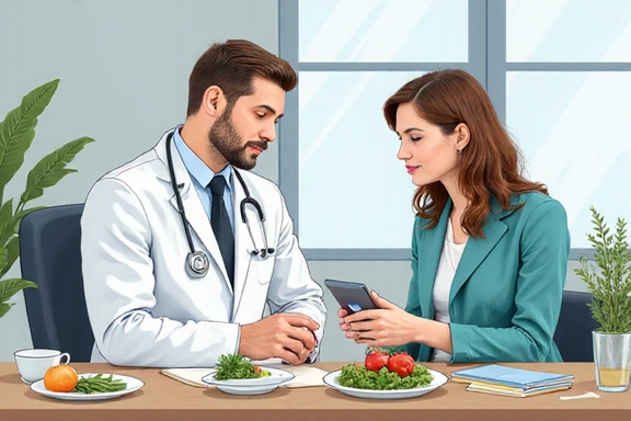 Ilustrasi pasien sedang berkonsultasi dengan dokter atau ahli gizi di klinik.